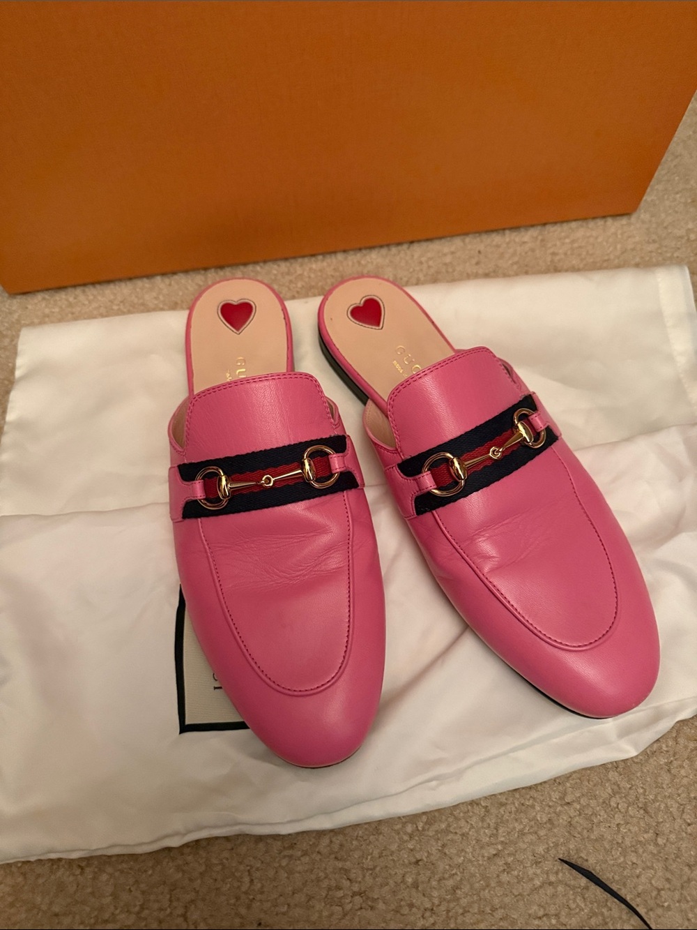Gucci Pink Leather Horsebit Backless Mules with Navy Stripe, no box